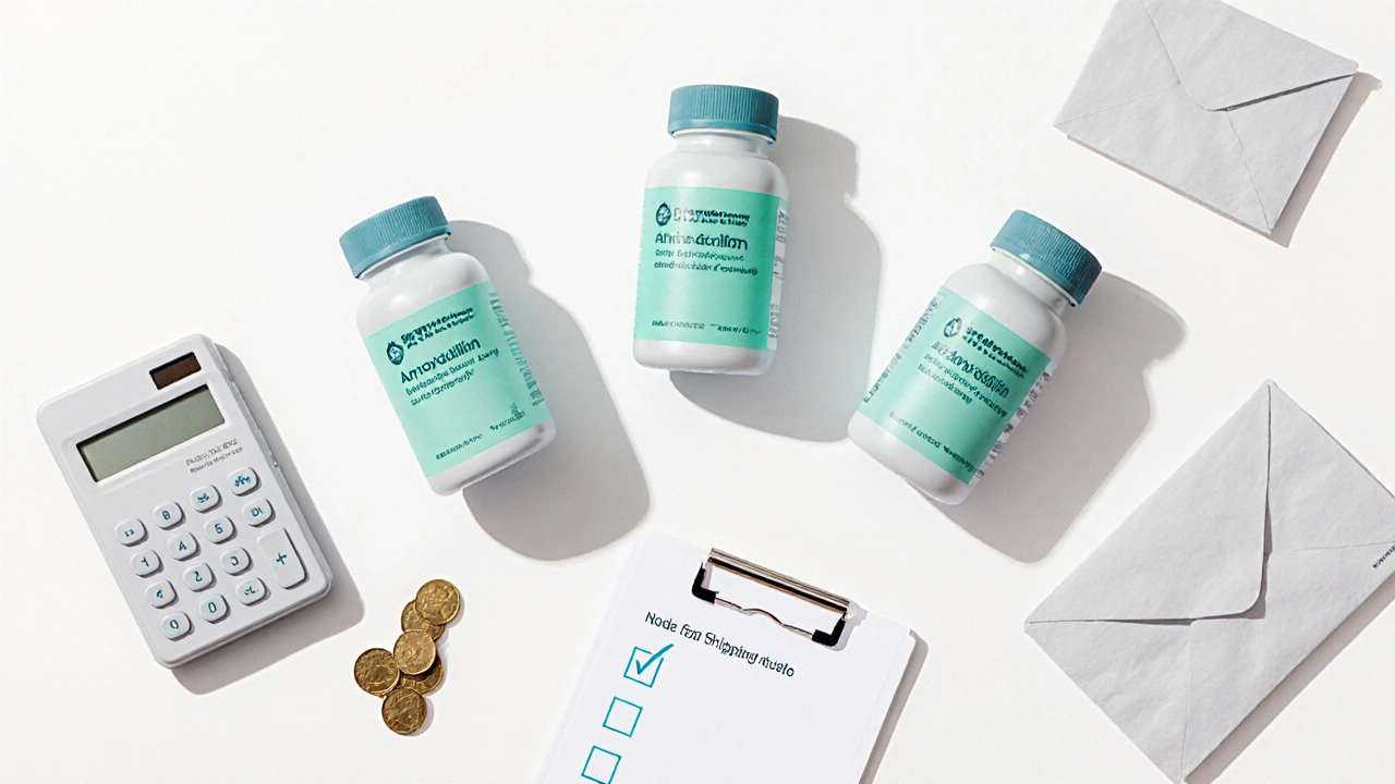 Three amoxicillin bottles and shipping boxes arranged on a desk with a calculator and coins.