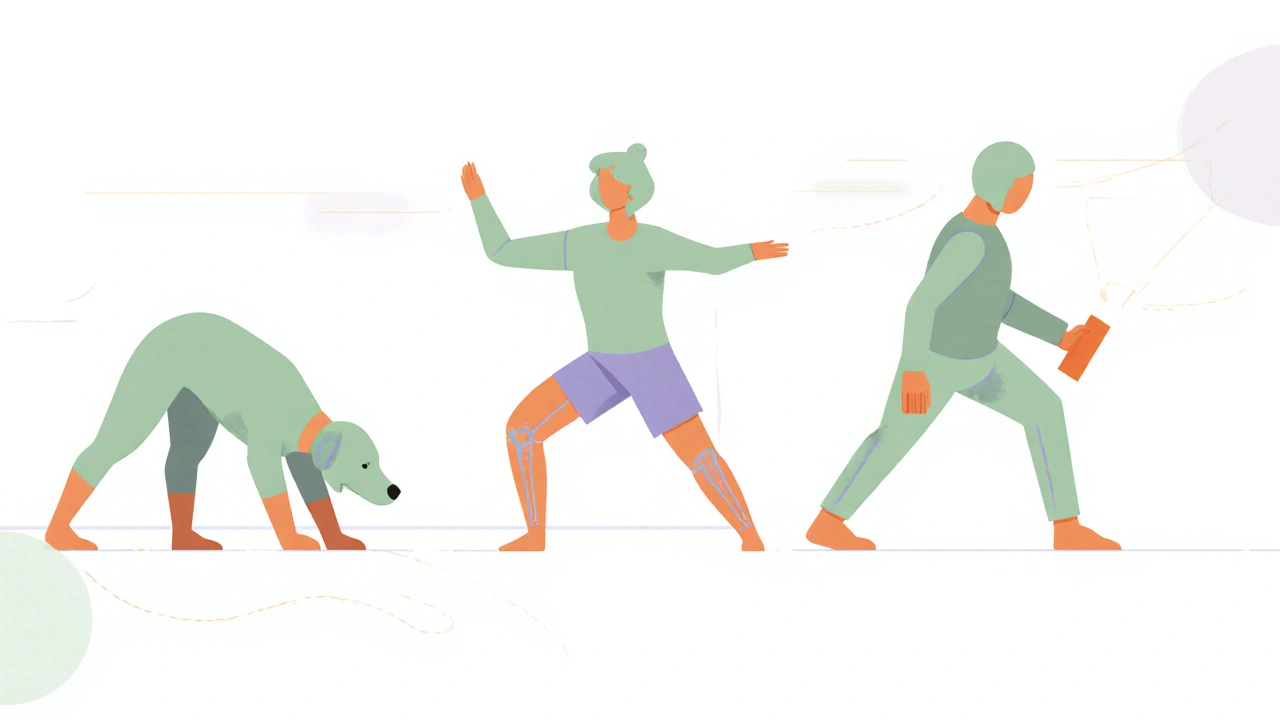 Three minimalist figures showing Downward Dog, Warrior II, and Extended Side Angle poses.