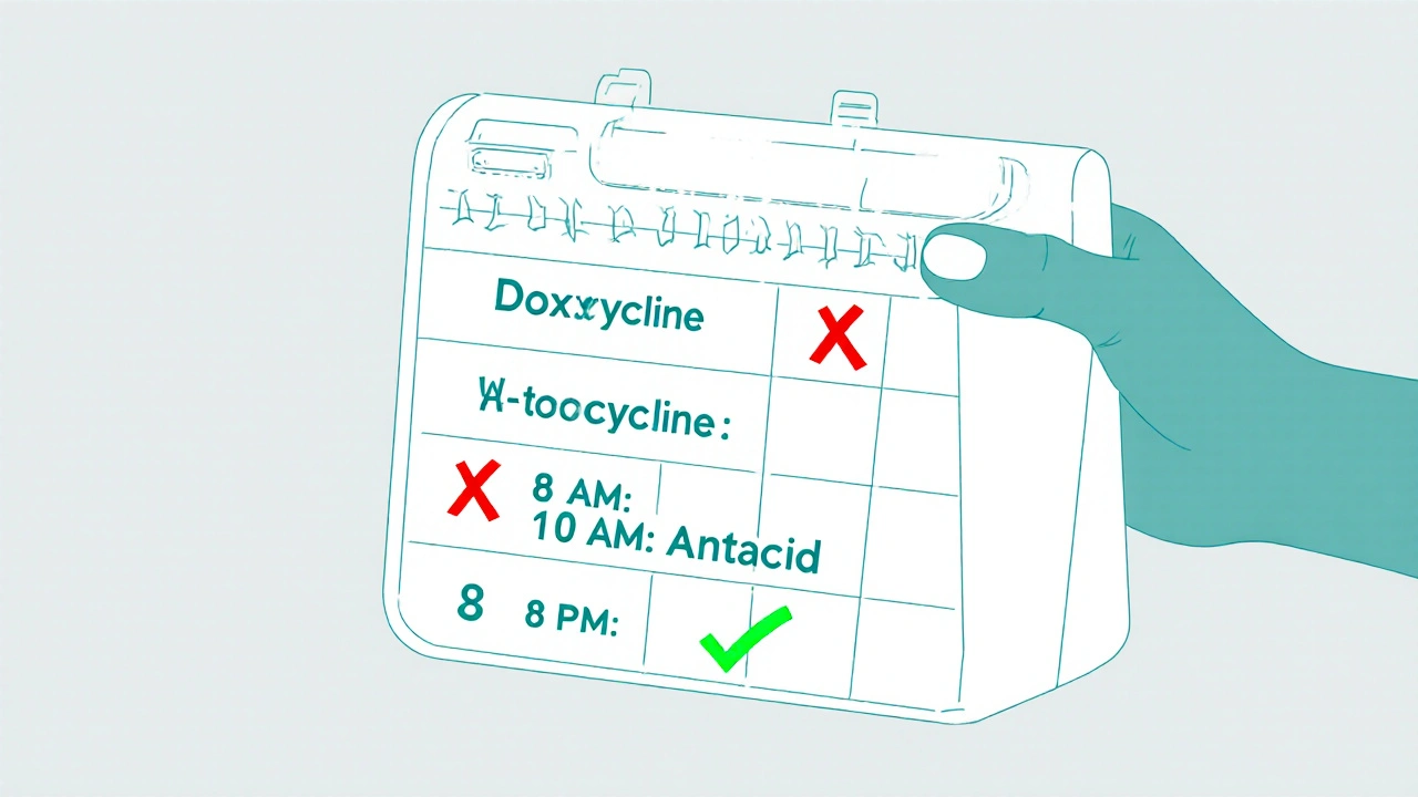 A pill organizer with correct and incorrect timing for antibiotics and antacids.