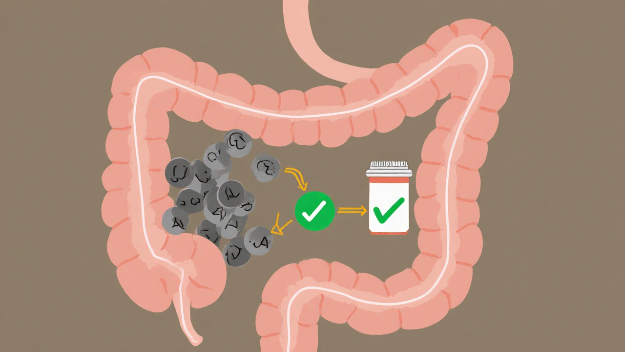 A simplified gut tube showing antibiotic absorption blocked by metal ions from antacids.
