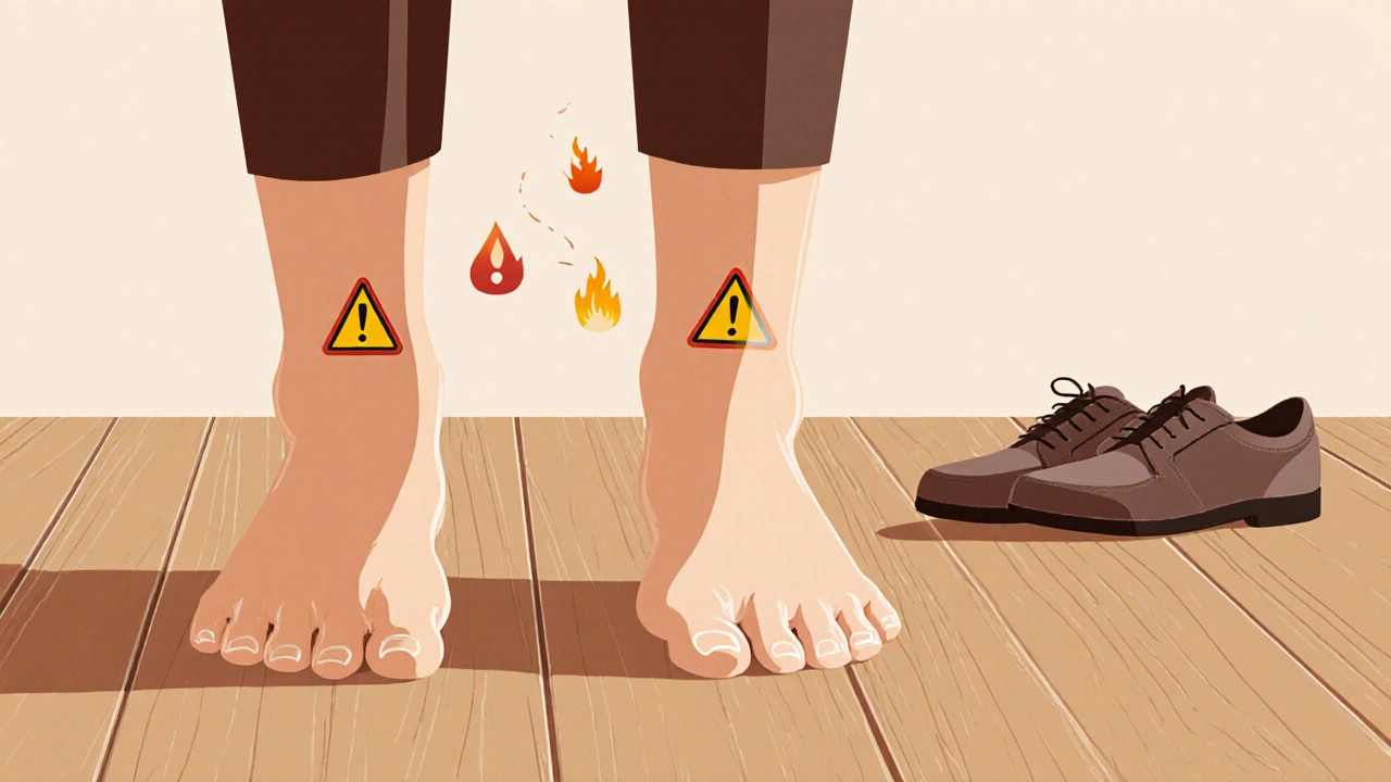 Bare feet with warning icons, next to supportive shoes, symbolizing diabetic foot care.