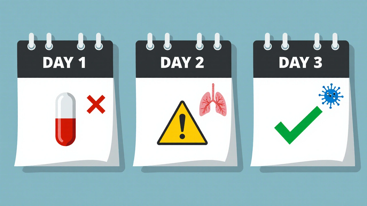 Calendar showing three scenarios of pill timing with acid reducers and effectiveness outcomes