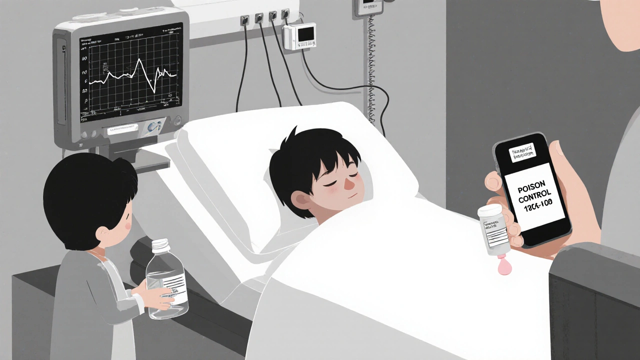 Child sleeping safely in hospital with medication bottle and monitor