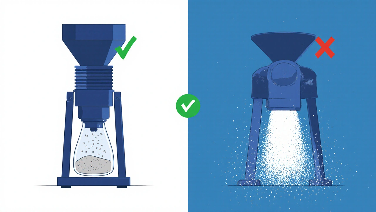 Closed-system crusher traps powder vs. open crusher leaking particles