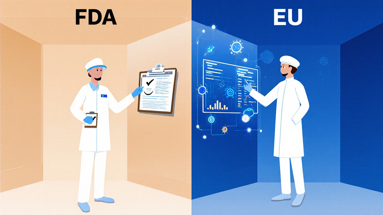 Comparison of FDA and EU cleanroom inspection styles with digital monitoring vs. paper checks.