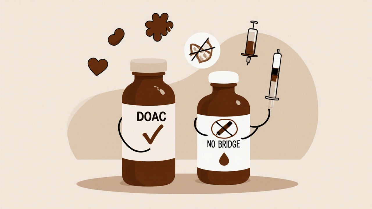 Contrasting DOAC and warfarin management with no bridge vs. heparin syringe crossed out.