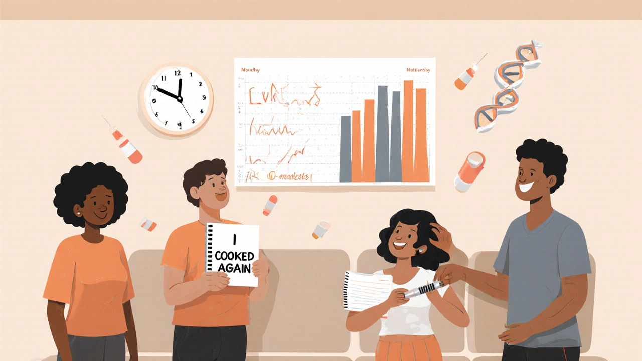 Diverse patients receiving injections in a clinic, with blood test charts and a notebook showing recovery, symbolizing long-term adherence.