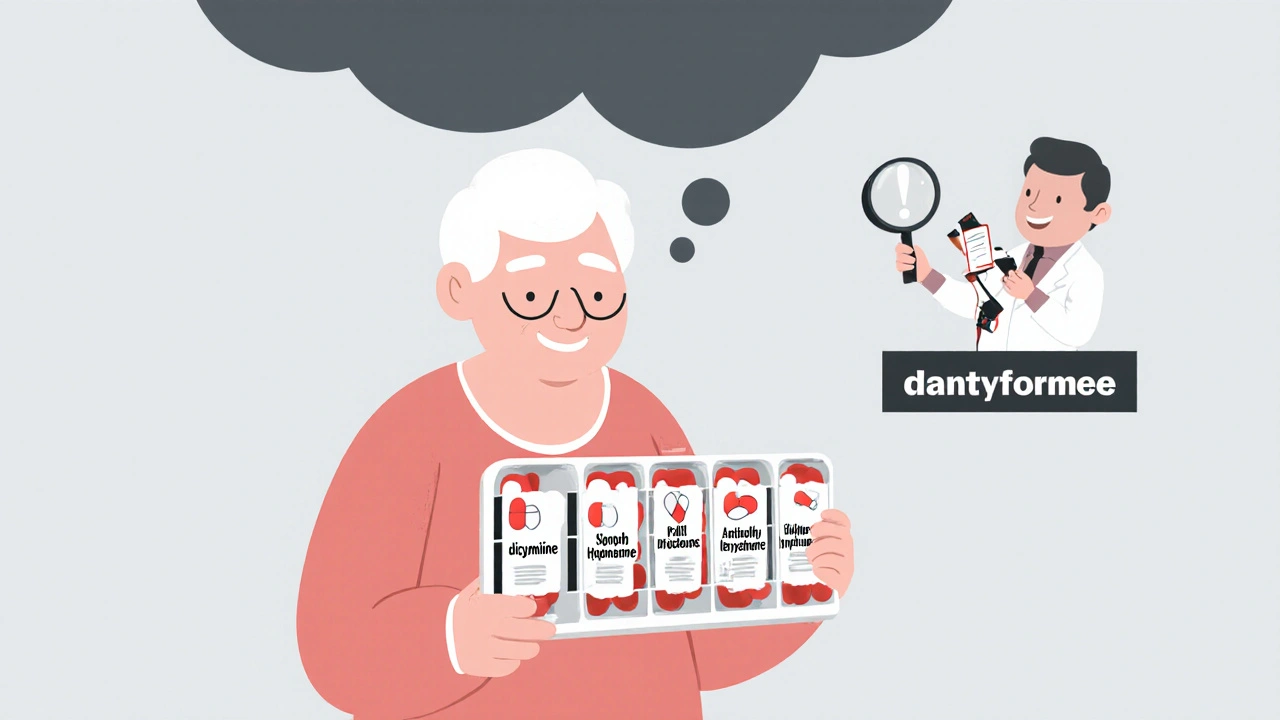 Elderly person with multiple medications, one highlighted trio causing confusion, watched by a pharmacist.