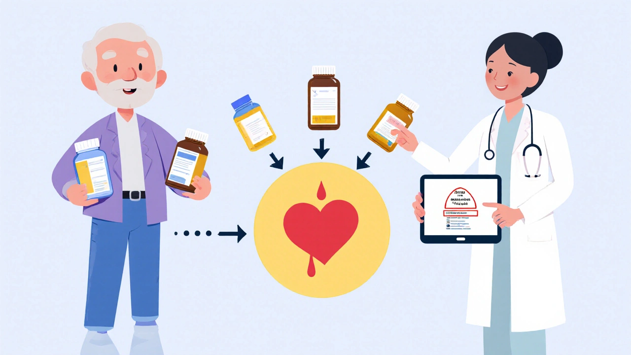 Elderly person with multiple pill bottles and a warning symbol above, watched by a nurse.