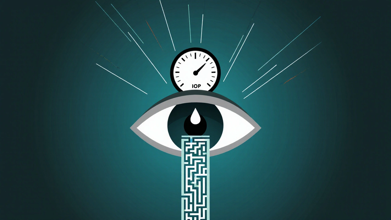 Eye with a rising pressure gauge and a clogged drainage channel, symbolizing steroid-induced glaucoma.