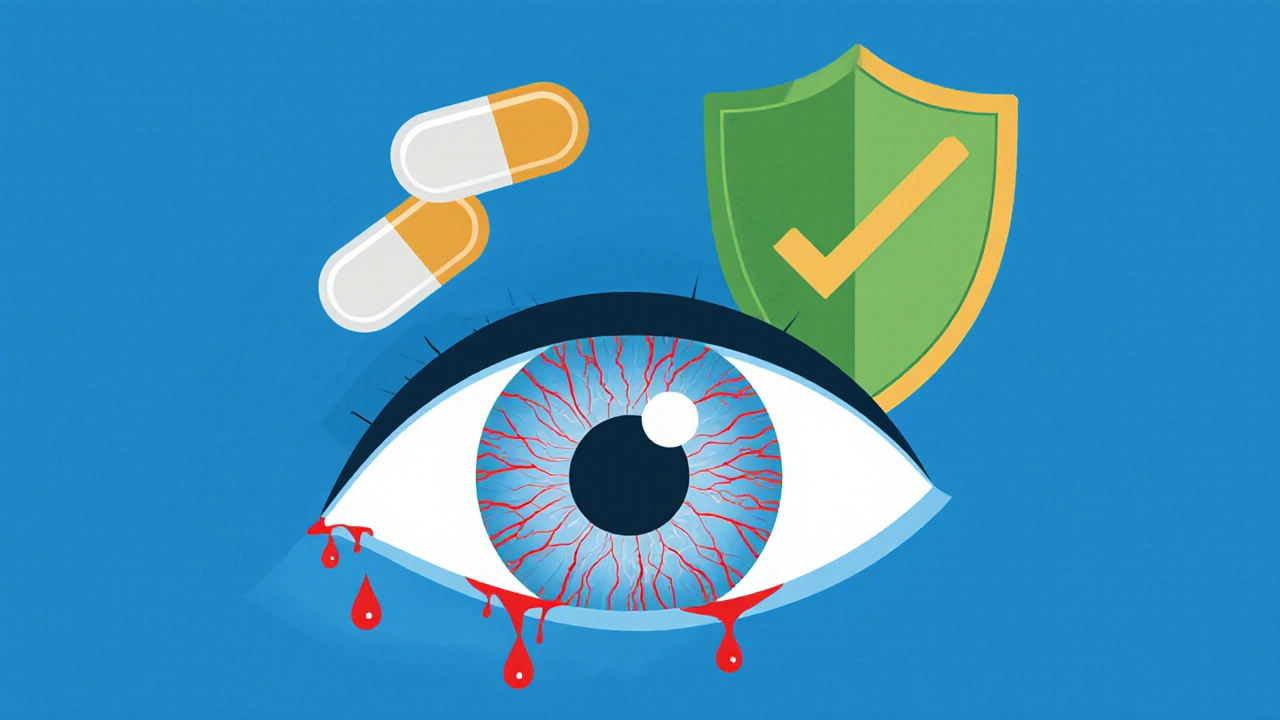 Eye with damaged blood vessels protected by diabetes medications.