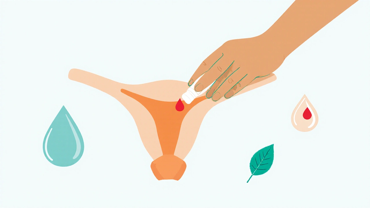 Hand applying ointment to healing tear with water and leaf icons