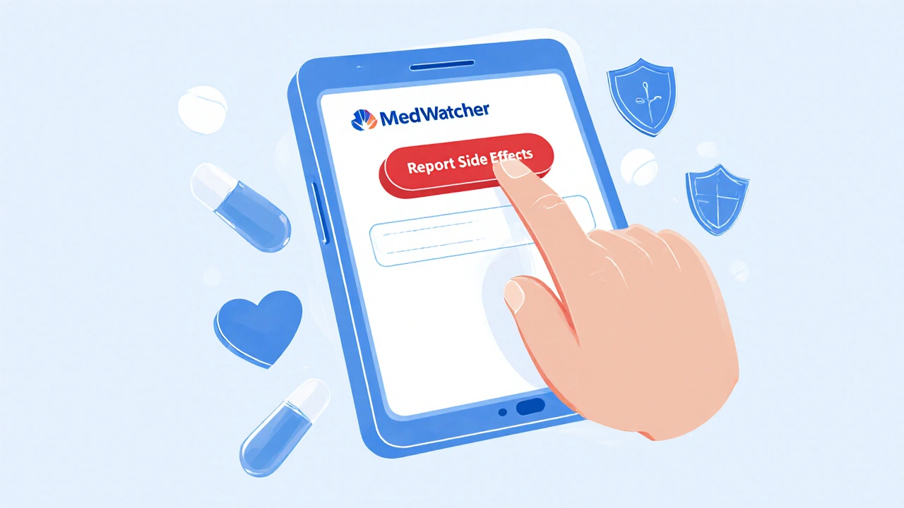 Hand using a phone app to report a medication side effect, symbolizing patient advocacy.