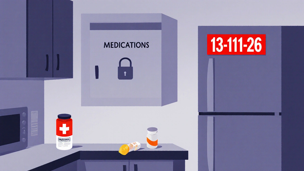 Locked medication cabinet and emergency number on fridge