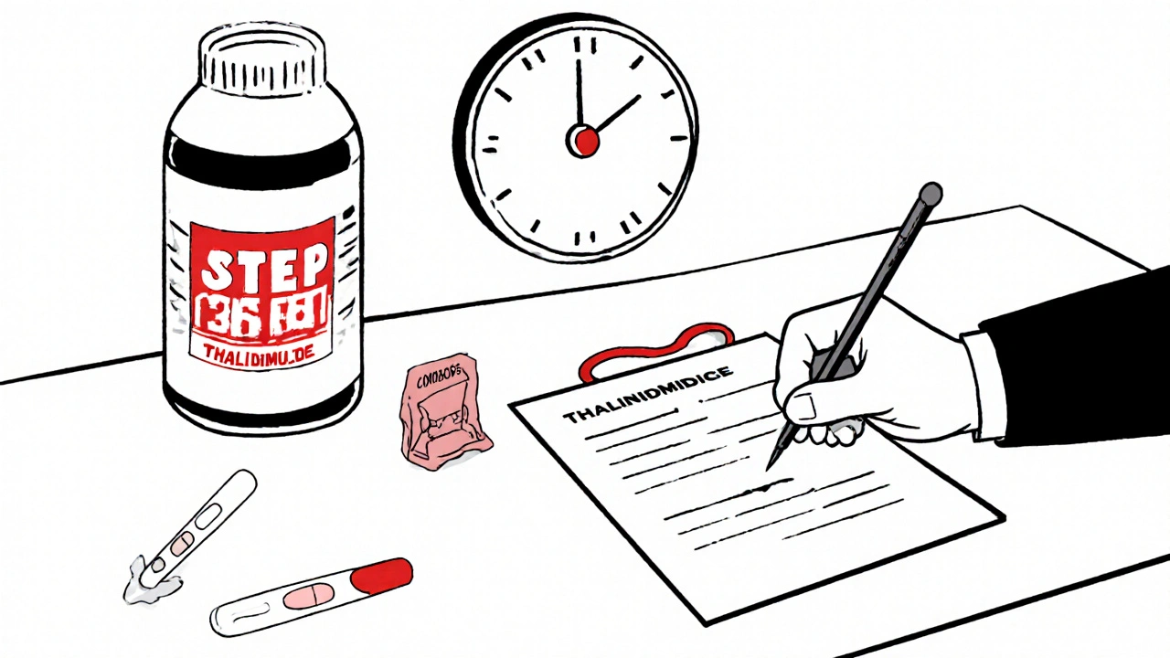Modern pharmacy scene with thalidomide bottle, pregnancy tests, and condoms under a safety seal.