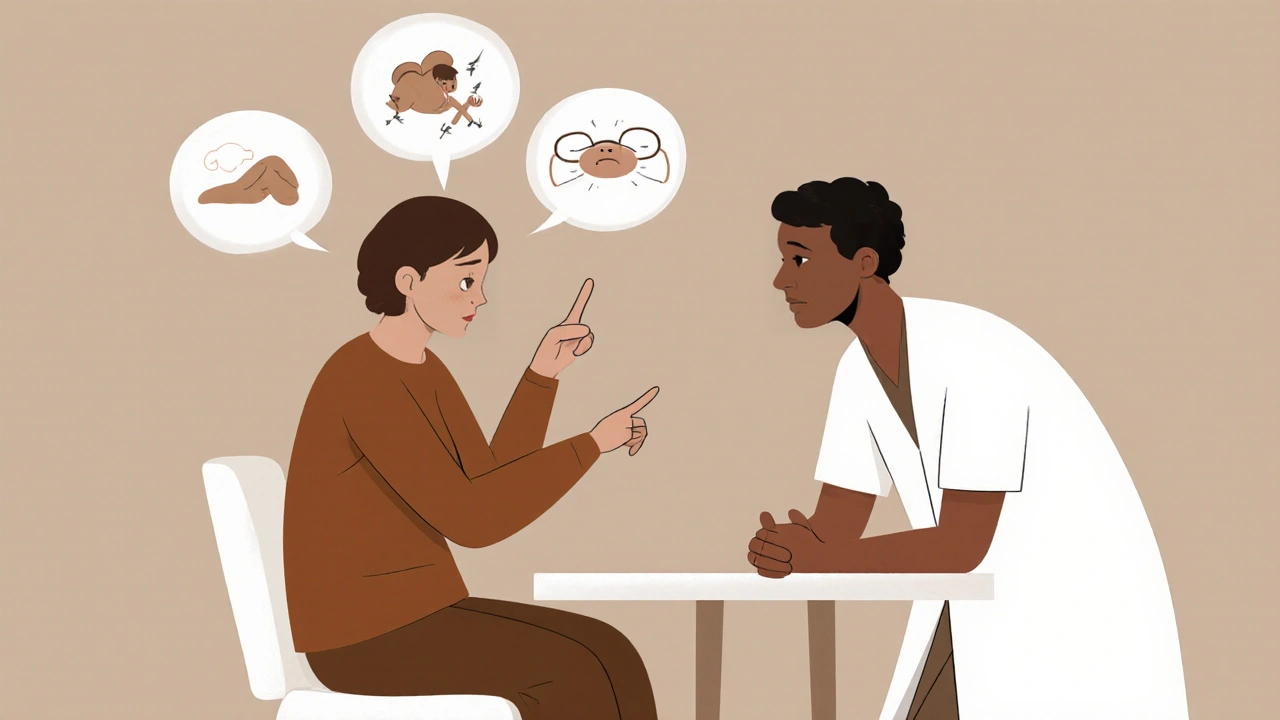 Patient and doctor talking, with visual icons showing symptoms like dizziness and fatigue.