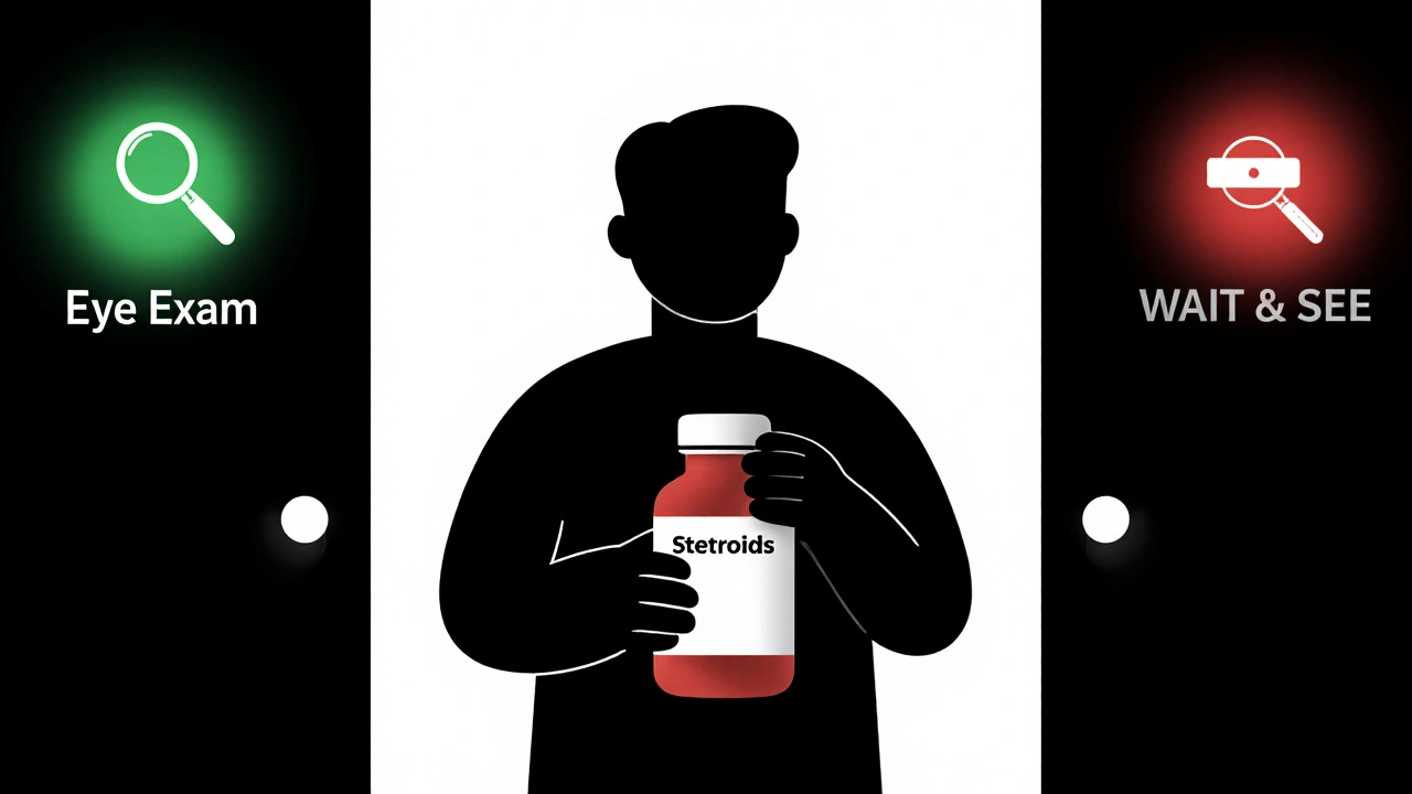 Person choosing between getting an eye exam or ignoring symptoms while holding steroid medication.