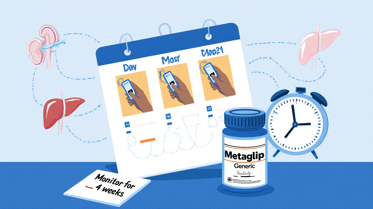 Person monitoring blood sugar over four days with generic diabetes pill on counter.