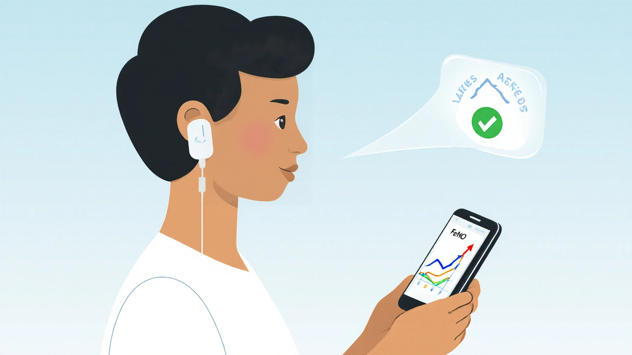 Person using a smartphone-connected FeNO device at home with a rising trend graph.