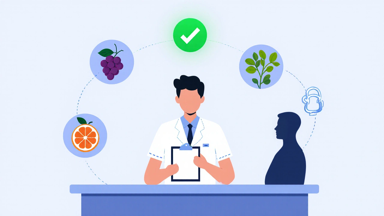 Pharmacist at counter surrounded by symbols of genetics, supplements, and medication safety.