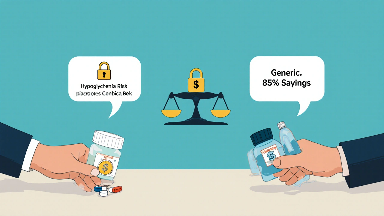 Pharmacy counter scene showing brand vs generic diabetes pill exchange with cost and risk symbols.