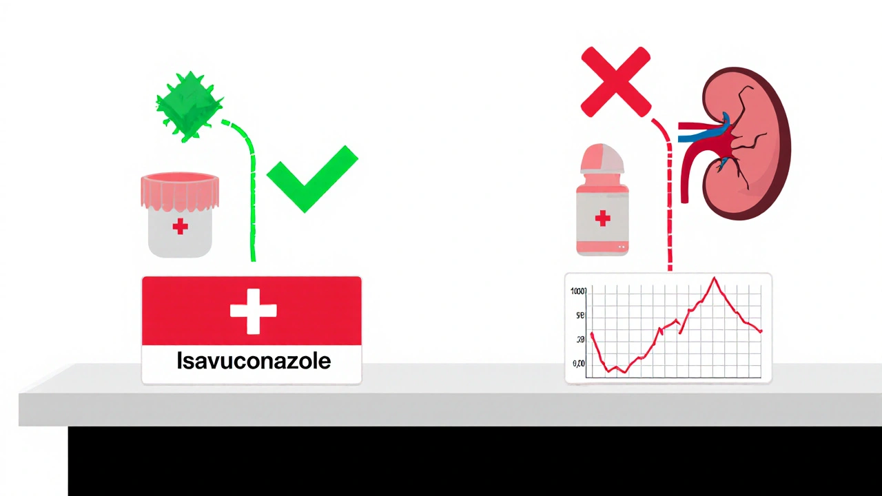 Pharmacy counter with two paths: one safe antifungal leading to a healthy kidney, the other to kidney damage.