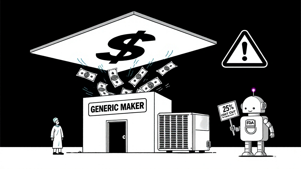 Small generic drug facility overwhelmed by cleanroom costs, with a robot offering cost-saving solution.