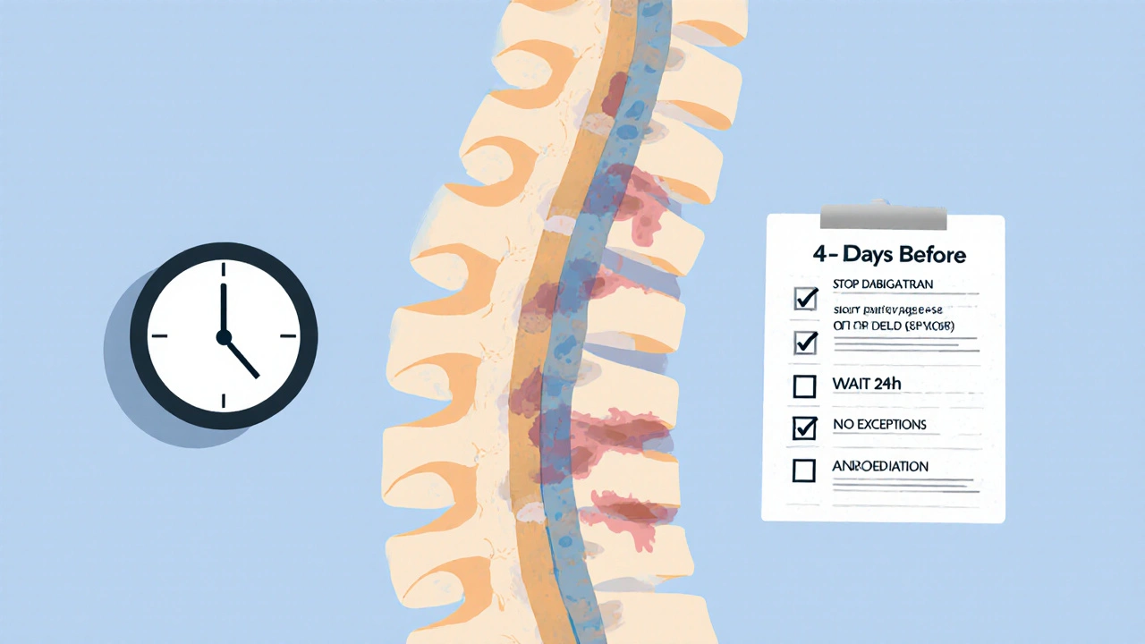 Spine with hematoma shadow and clock showing 4 days before neuraxial anesthesia.