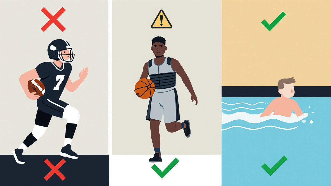 Three sports icons showing high, intermediate, and low risk for athletes on blood thinners.