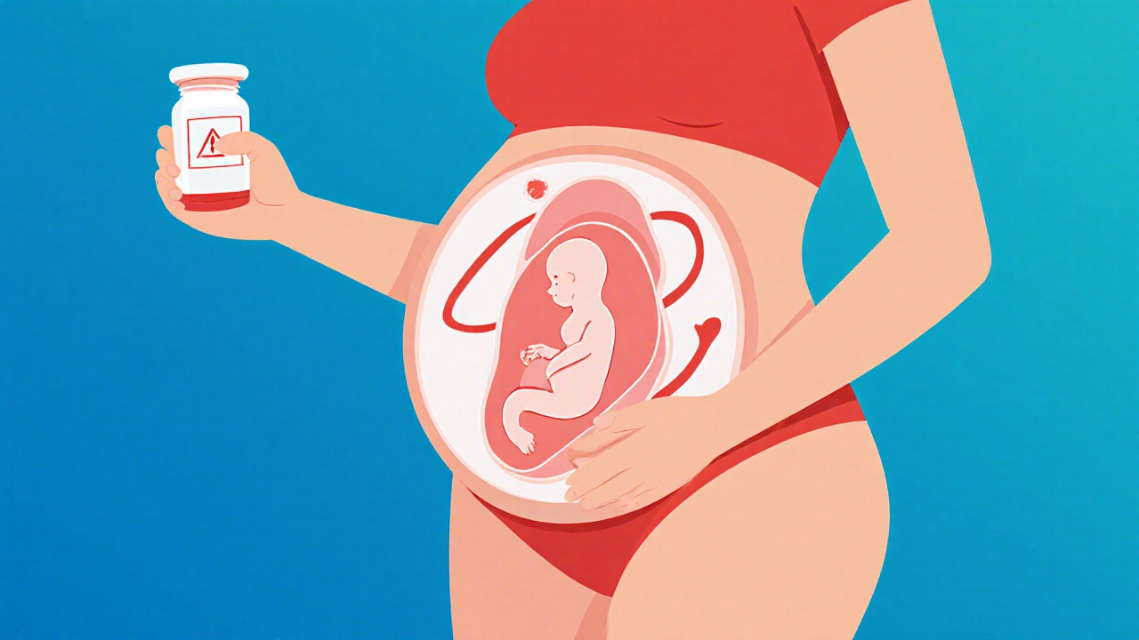 Transparent view of a pregnant woman with a fetus in a critical development window, marked by a warning halo.