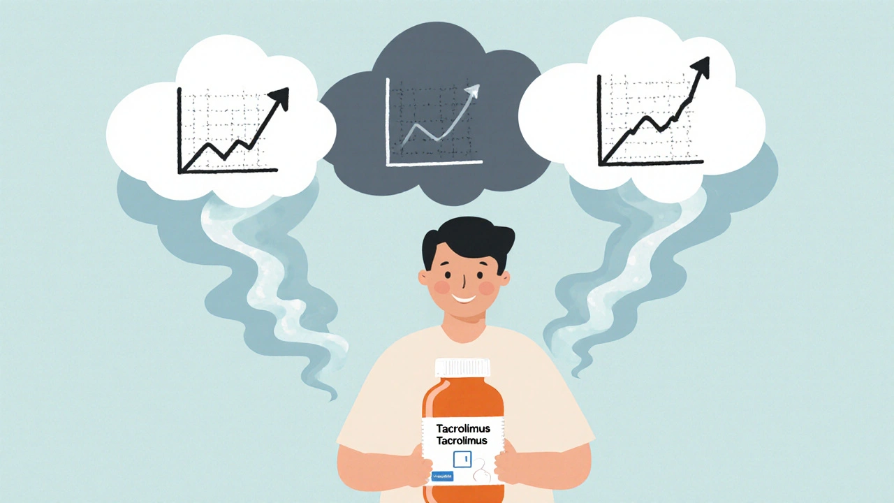 Transplant patient surrounded by antifungal pills looming like storm clouds over a rising drug level graph.