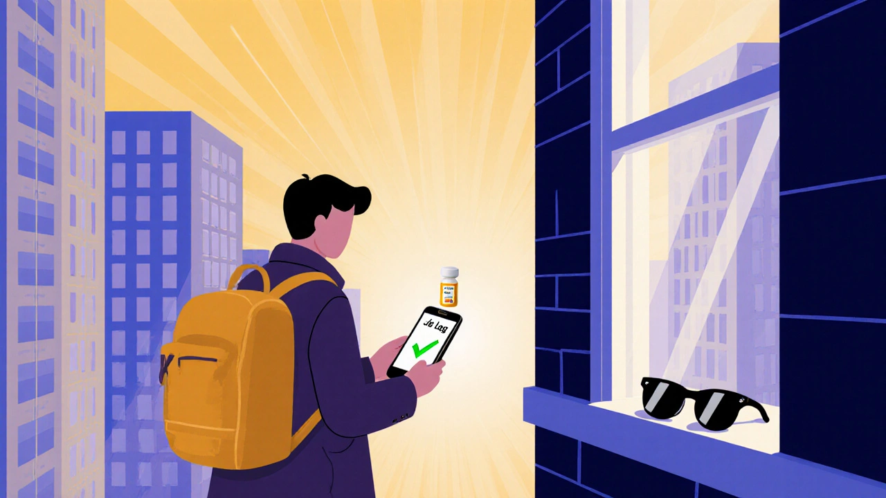 Traveler walking at dawn with jet lag app on phone, immediate-release melatonin pill on windowsill with sunglasses