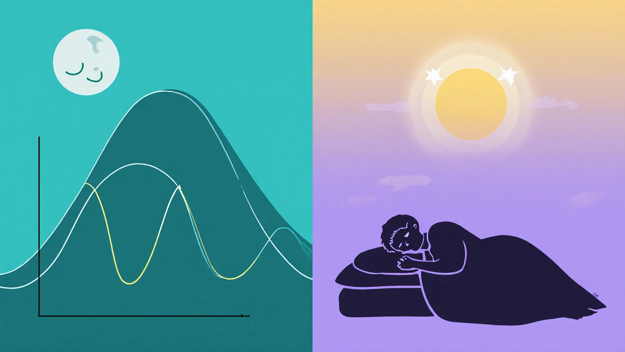Two circadian rhythm graphs: sharp nighttime peak vs. prolonged line into morning, beside sleeping and groggy silhouettes
