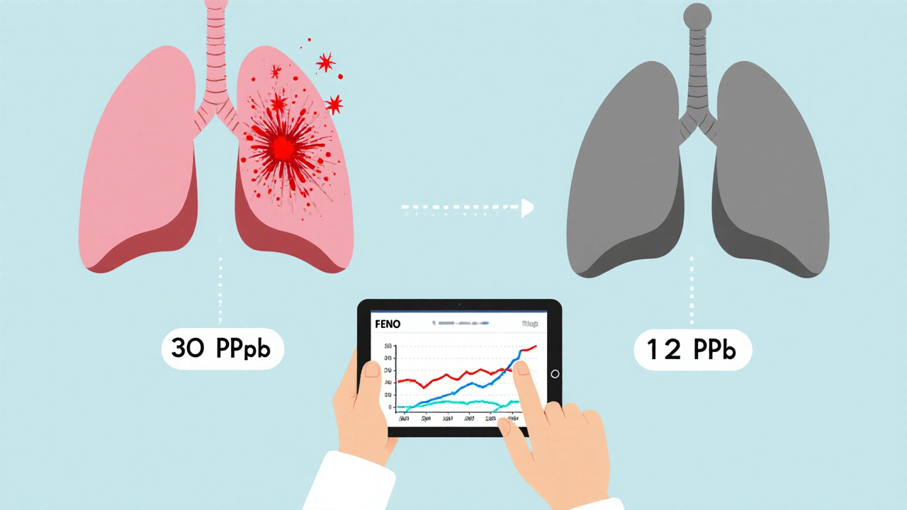 Two lung diagrams contrasting high and low inflammation levels with FeNO readings.
