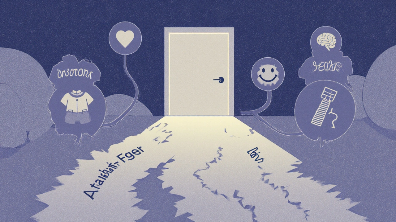 Two paths leading to stability—one jagged with side effects, one smooth with positive outcomes—representing antipsychotic generations.