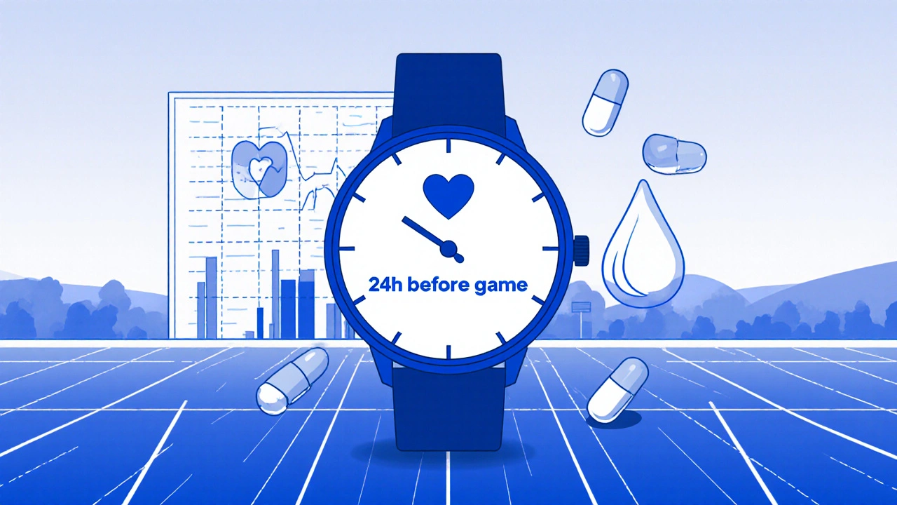 Wristwatch with heart and pill icons, indicating 24-hour medication timing before competition.