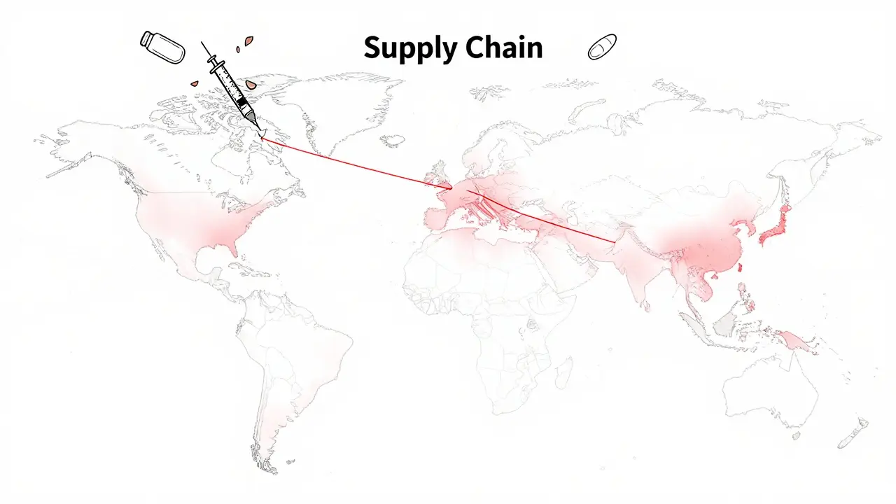 A global map with red zones and fraying supply chain threads, symbolizing antibiotic shortages.