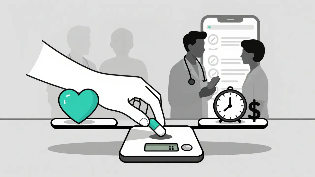 A hand balancing a pill against symbols of health, time, and cost, with faint figures of a doctor and patient in background.