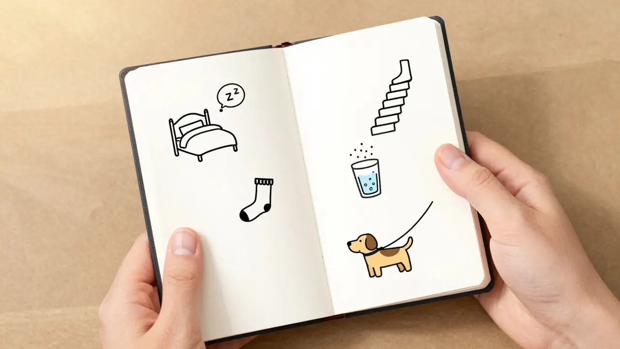 A hand holding a notebook with simple illustrations of daily health wins like water, stairs, and socks.