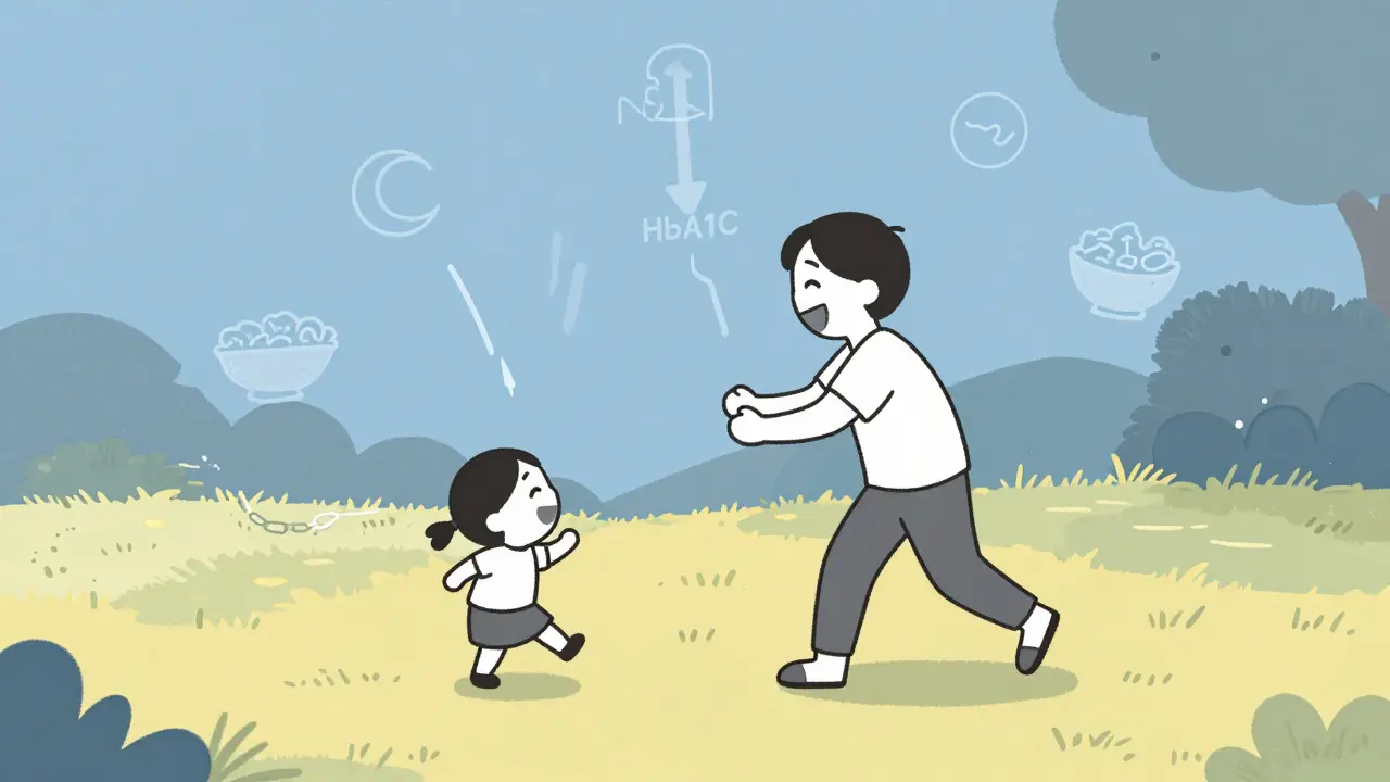 A person laughing while playing with a child in the yard, surrounded by subtle icons of health progress.