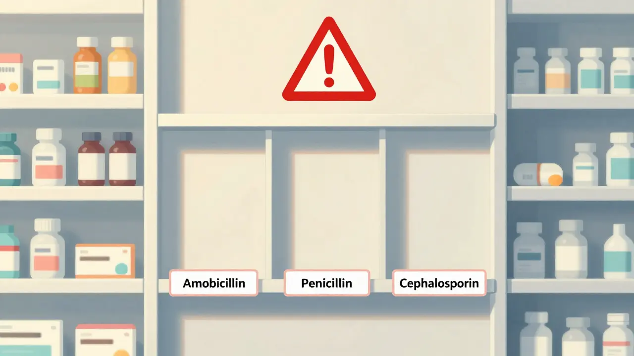 A pharmacy shelf with three empty antibiotic slots among full shelves of other medications.
