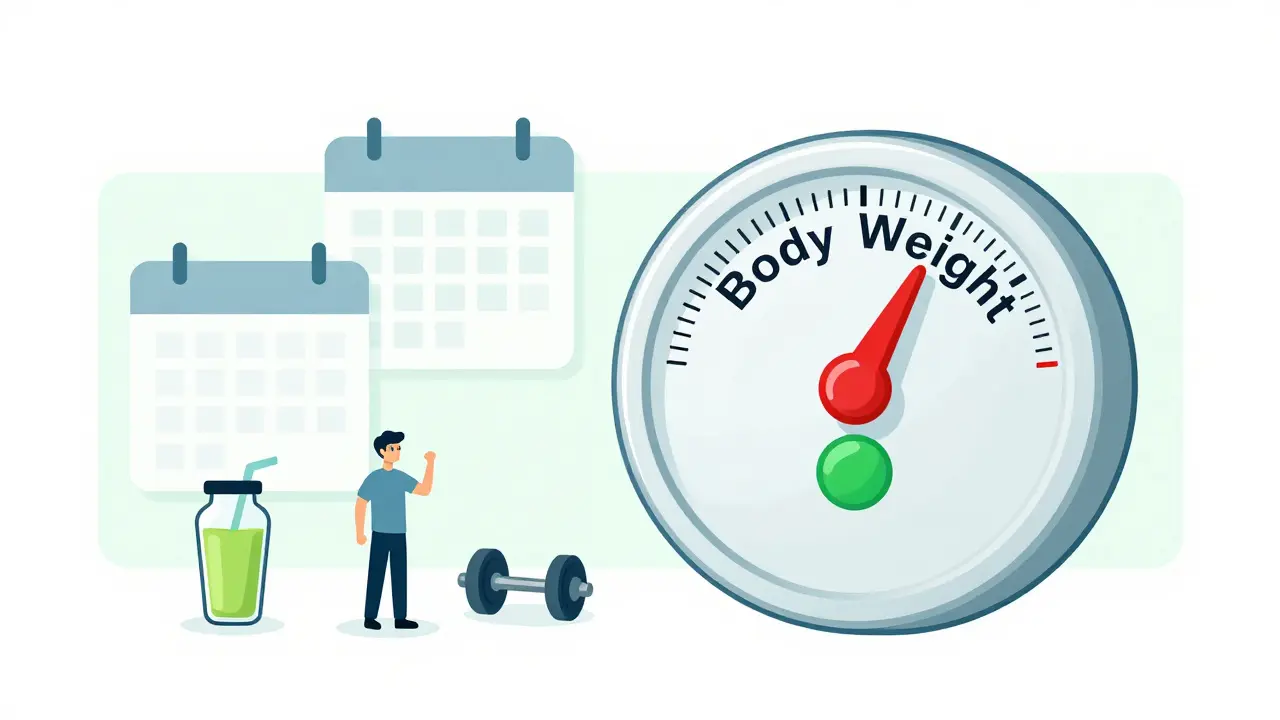 A thermostat dial turning from red to green with symbols of recovery: protein, weights, and time.