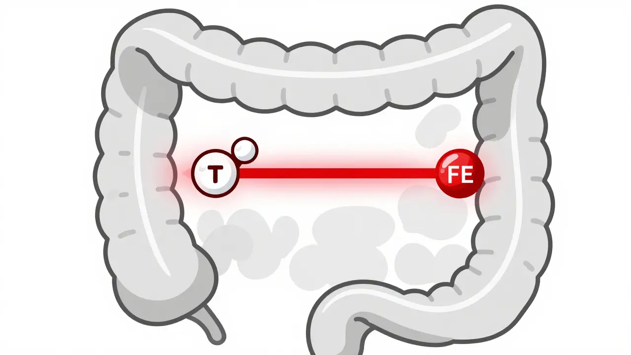 Abstract gut illustration showing thyroid and iron molecules separated by a 4-hour barrier.