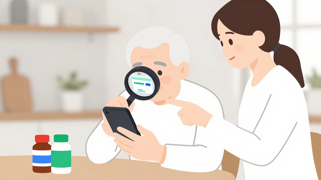 An elderly person uses a phone magnifier with family help to read a prescription label.