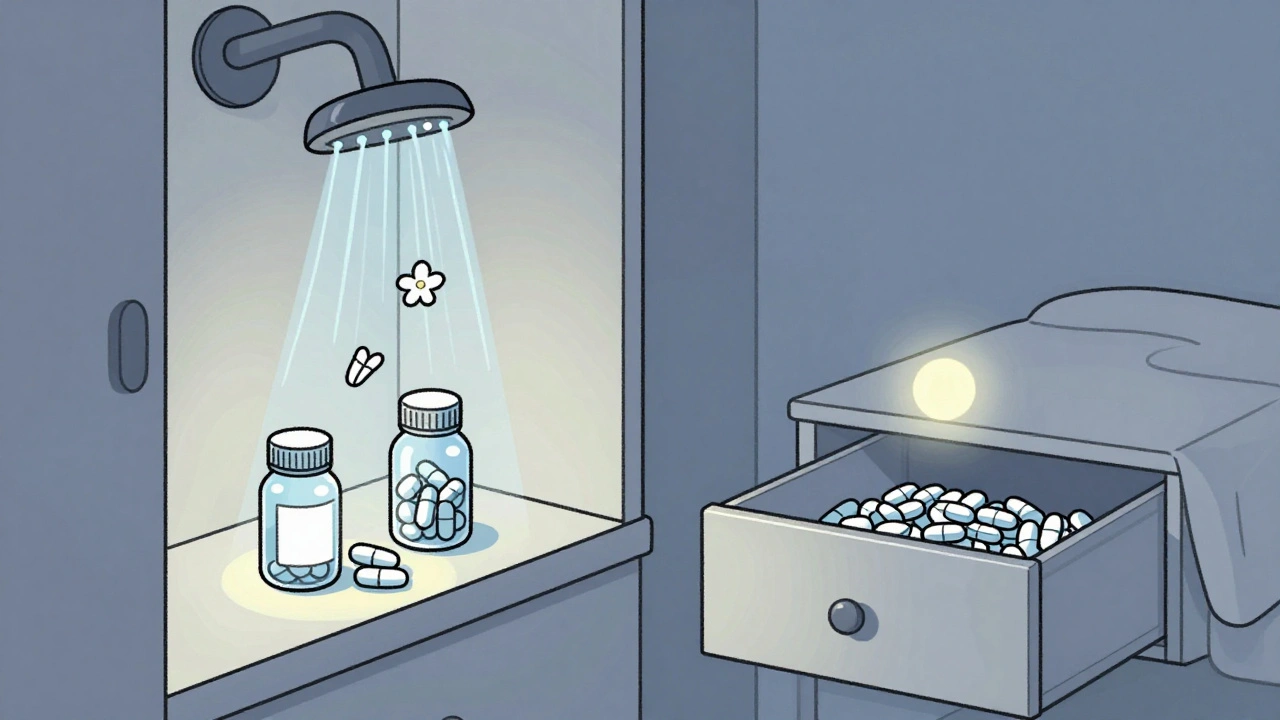 Bathroom cabinet with humidity damaging pills versus a dry drawer keeping them safe.