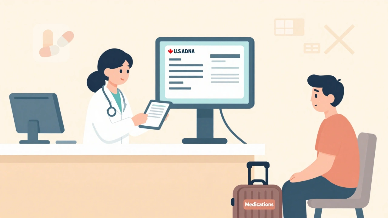 Canadian pharmacist reviewing U.S. doctor&#039;s letter to issue new prescription for anxious traveler