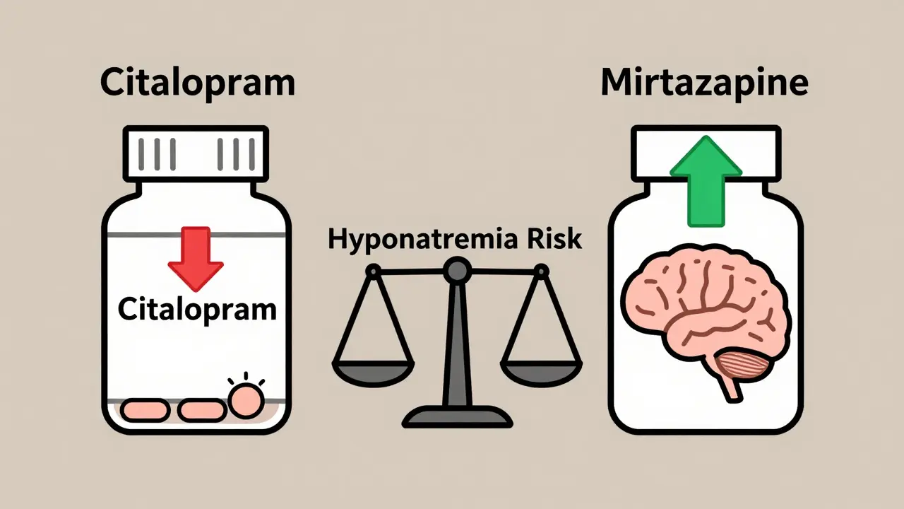 Comparison of two antidepressant pills showing hyponatremia risk difference with brain icons.