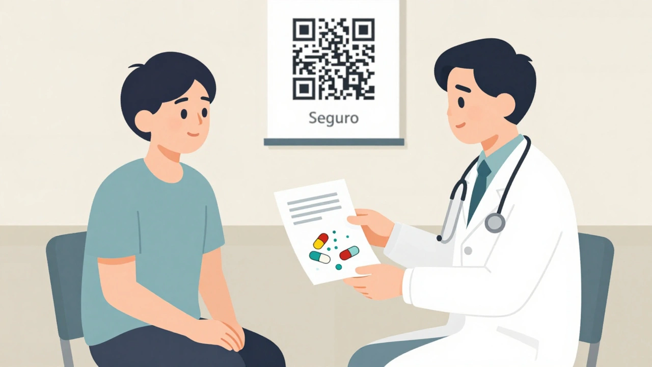 Doctor and patient sharing a simple handout about generic medication safety in a quiet clinic setting.