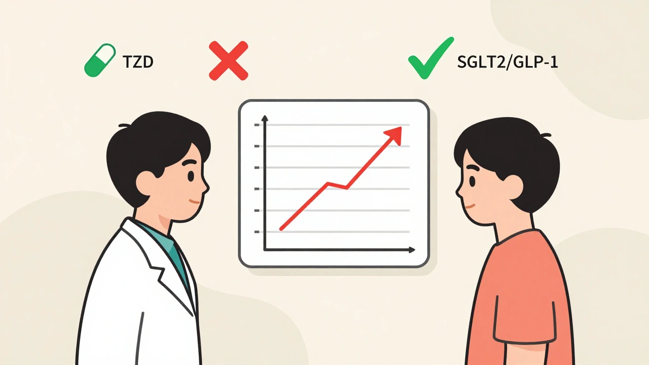 Doctor and patient with weight chart showing gain, TZD crossed out, safer alternatives marked.