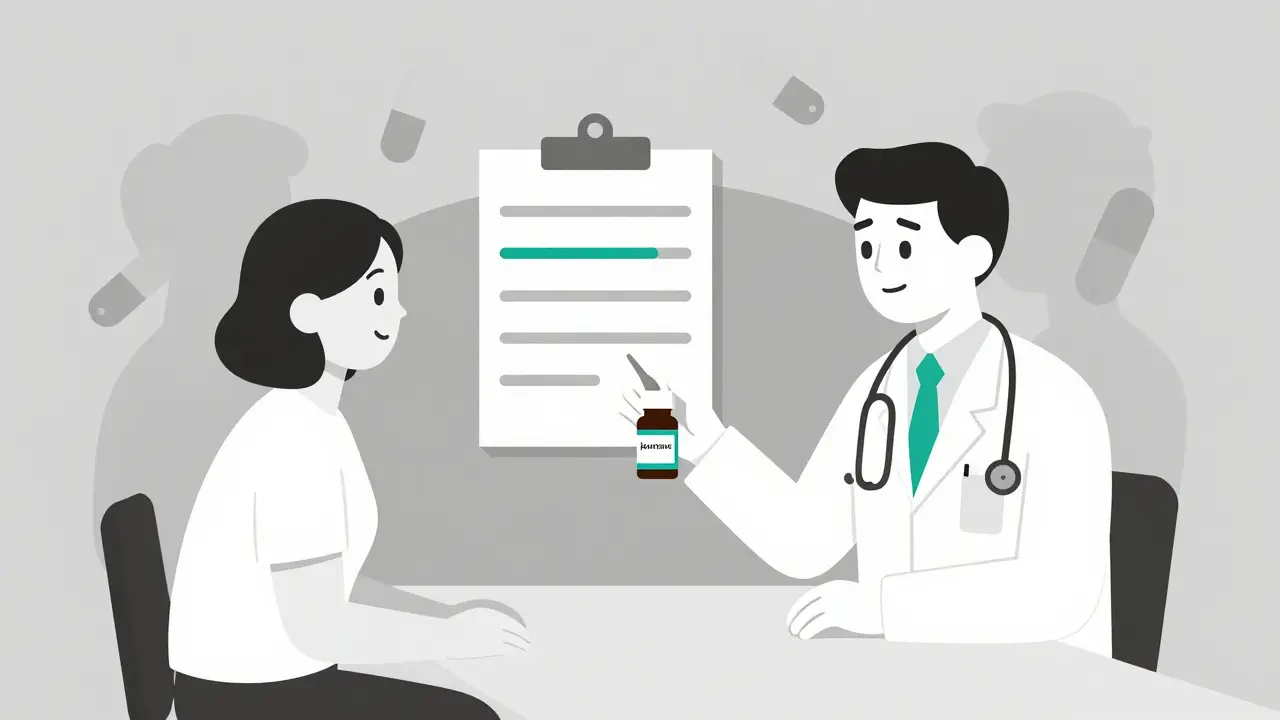 Doctor handing a new non-opioid medication to a patient with fading opioid icons in background.